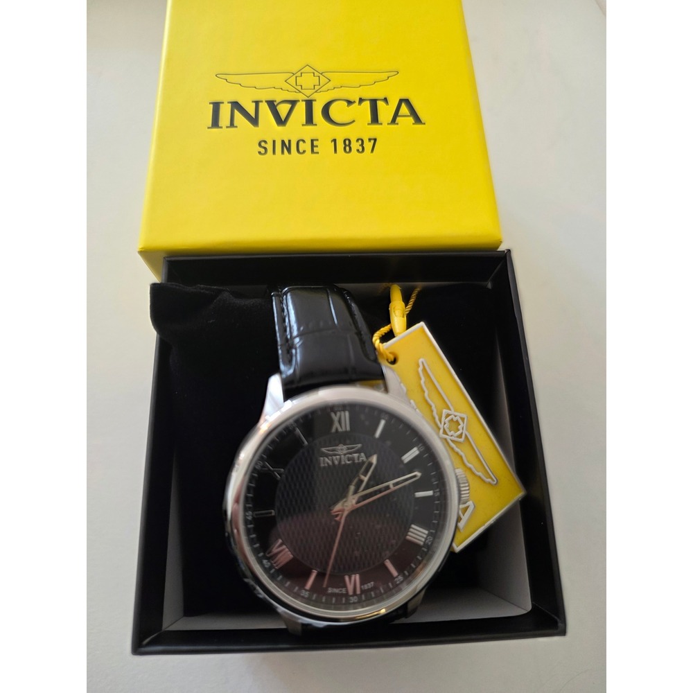 Invicta Specialty 23343 Mens Watch Black Leather Strap Stainless Steel New
